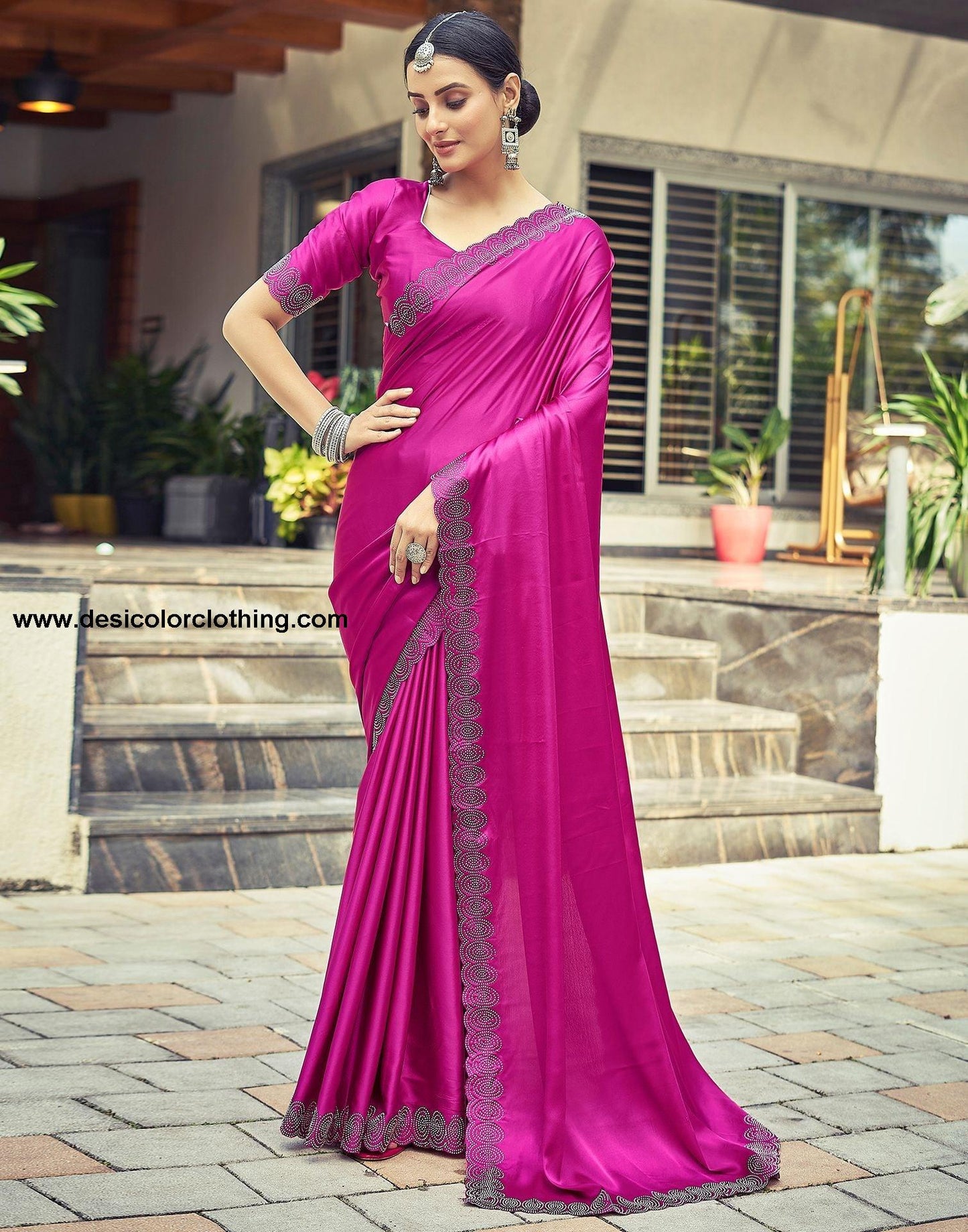 Pink Plain Silk Saree