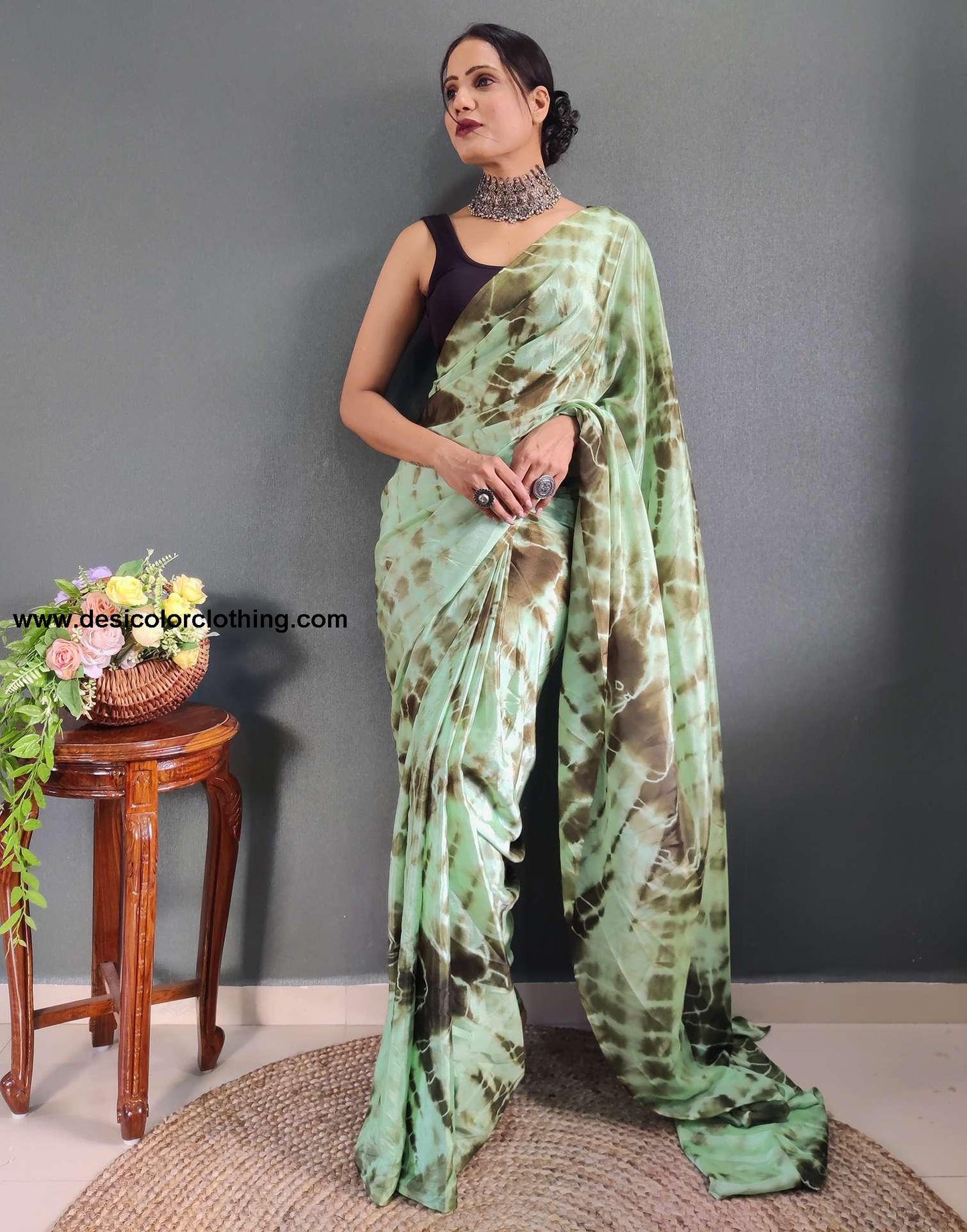 Sea Green Printed Silk Pre-draped Saree