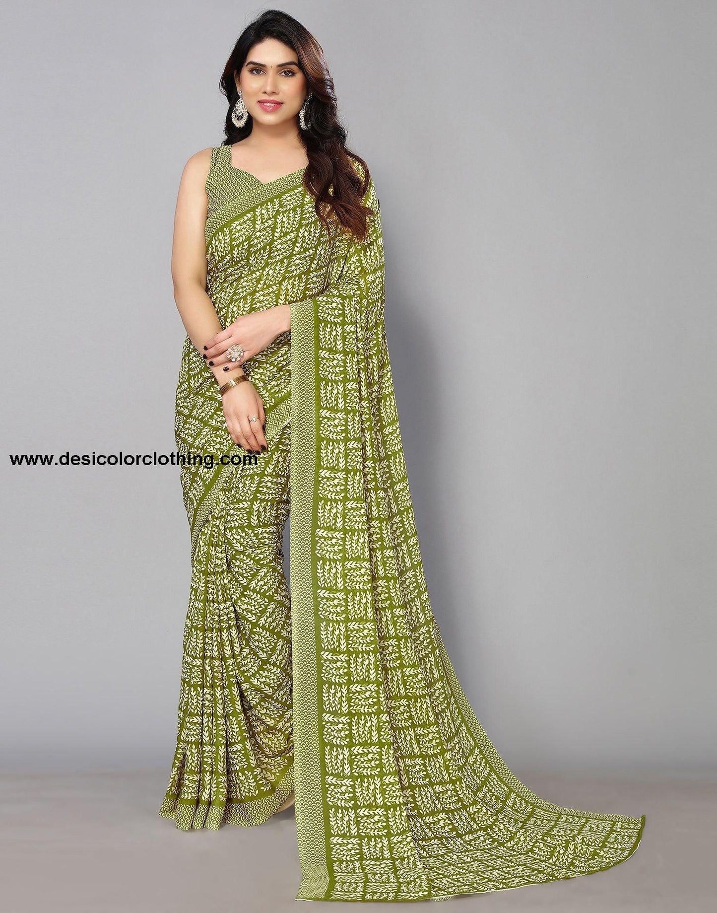 Parrot Green Printed Saree