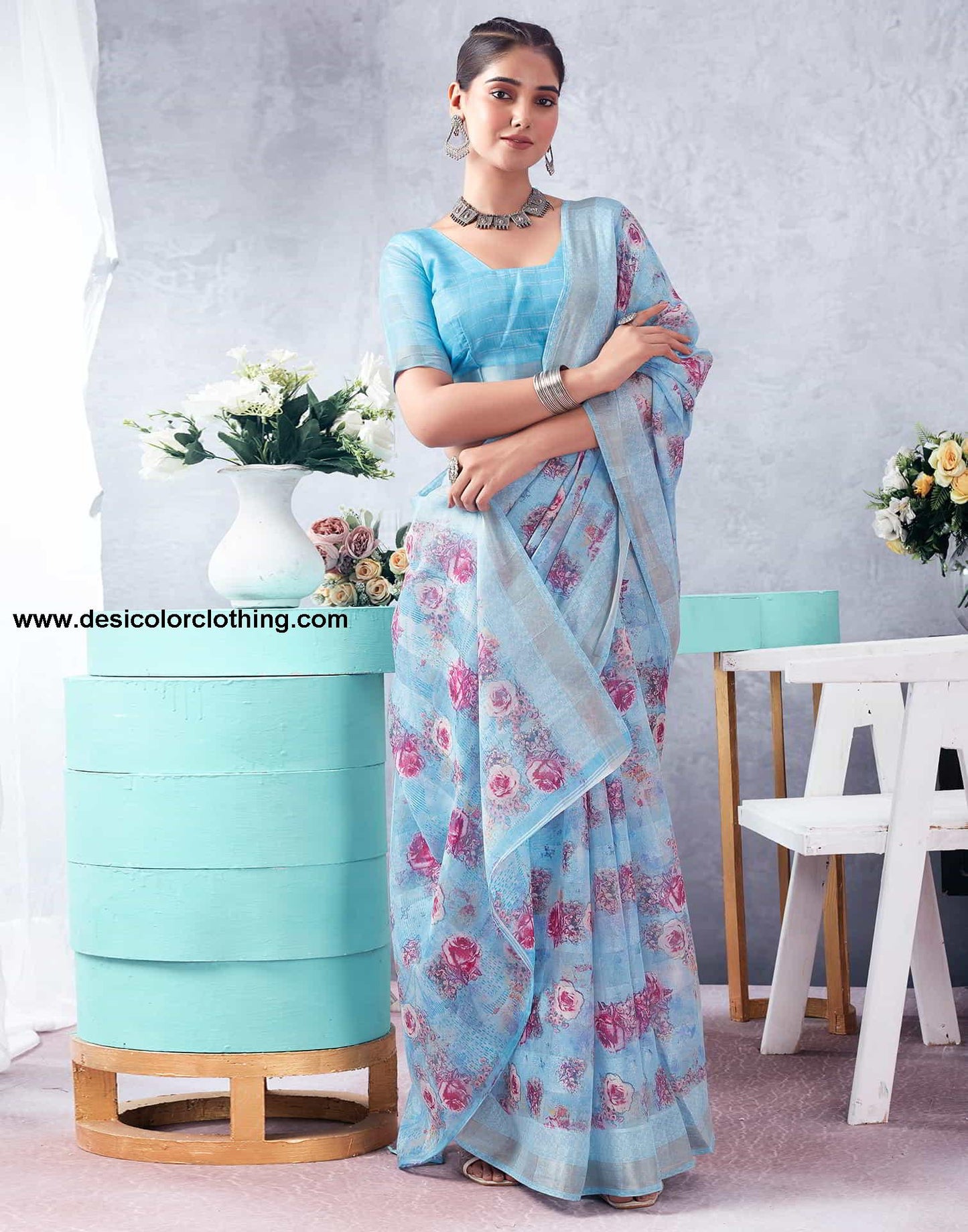 Blue Printed Cotton Saree