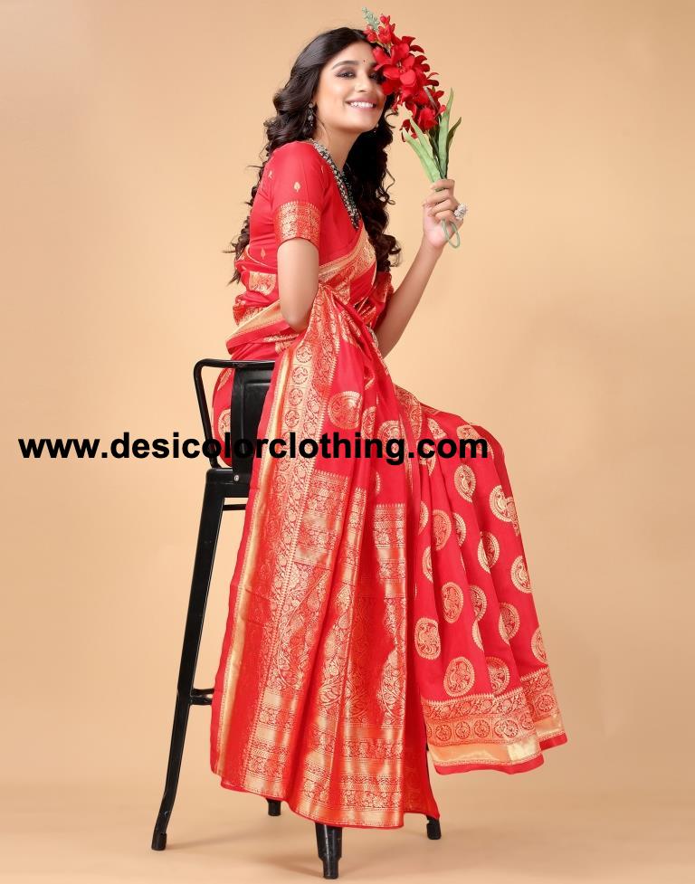 red saree with golden blouse