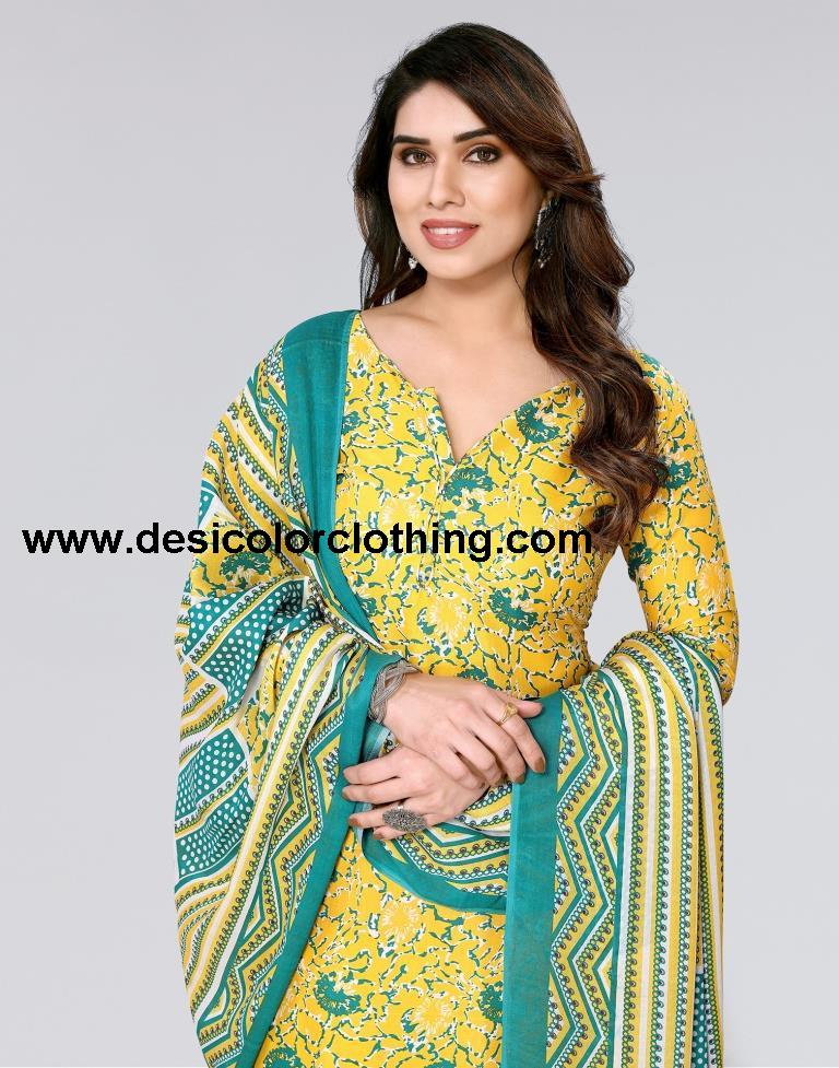 Yellow Printed Cotton Unstitched Salwar Suit Material