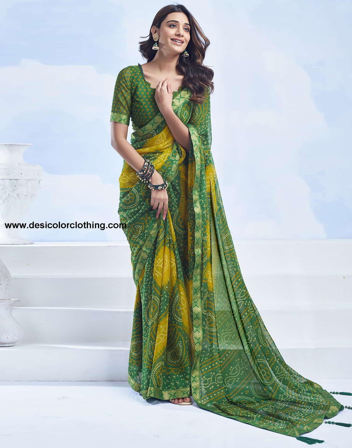 Green Bandhani Chiffon Saree