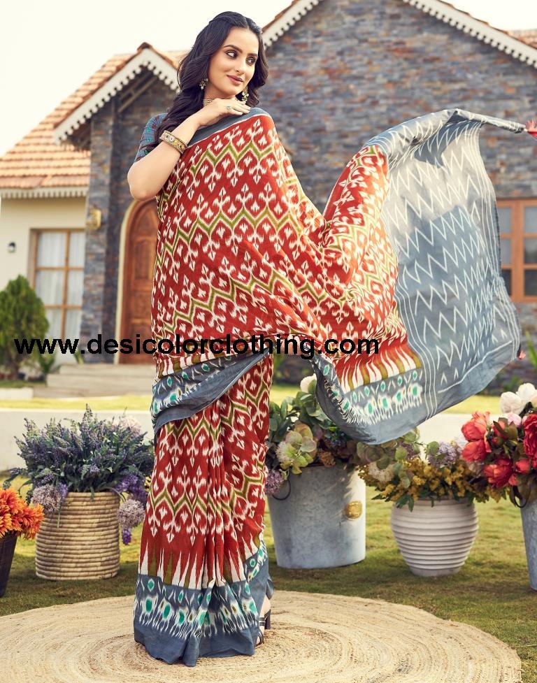 Rust Cotton Printed Ready To Wear