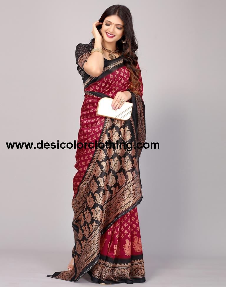 Cherry Red Printed Silk Saree