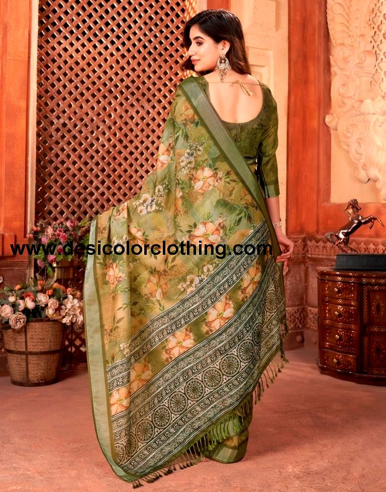 Olive Green Linen Printed Saree