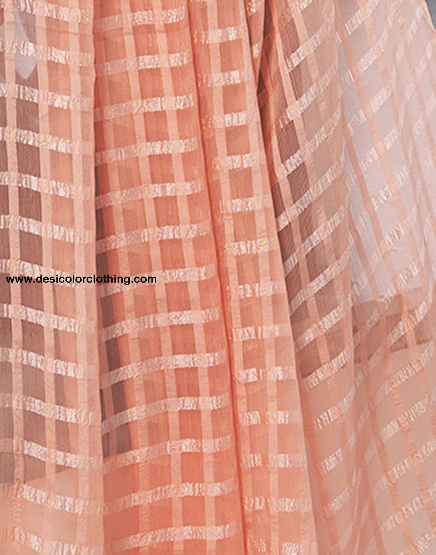 Peach Checkered Chiffon Woven Saree