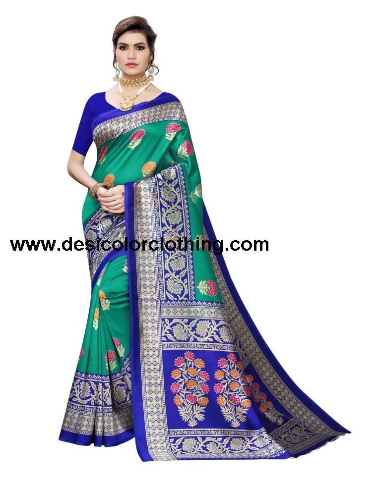 Turquoise Coloured Poly Silk Printed Partywear saree