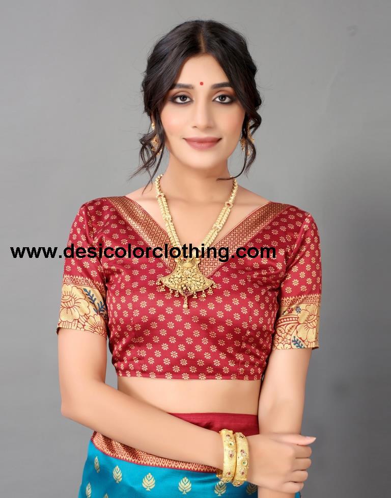Peacock Blue And Beige Silk Saree