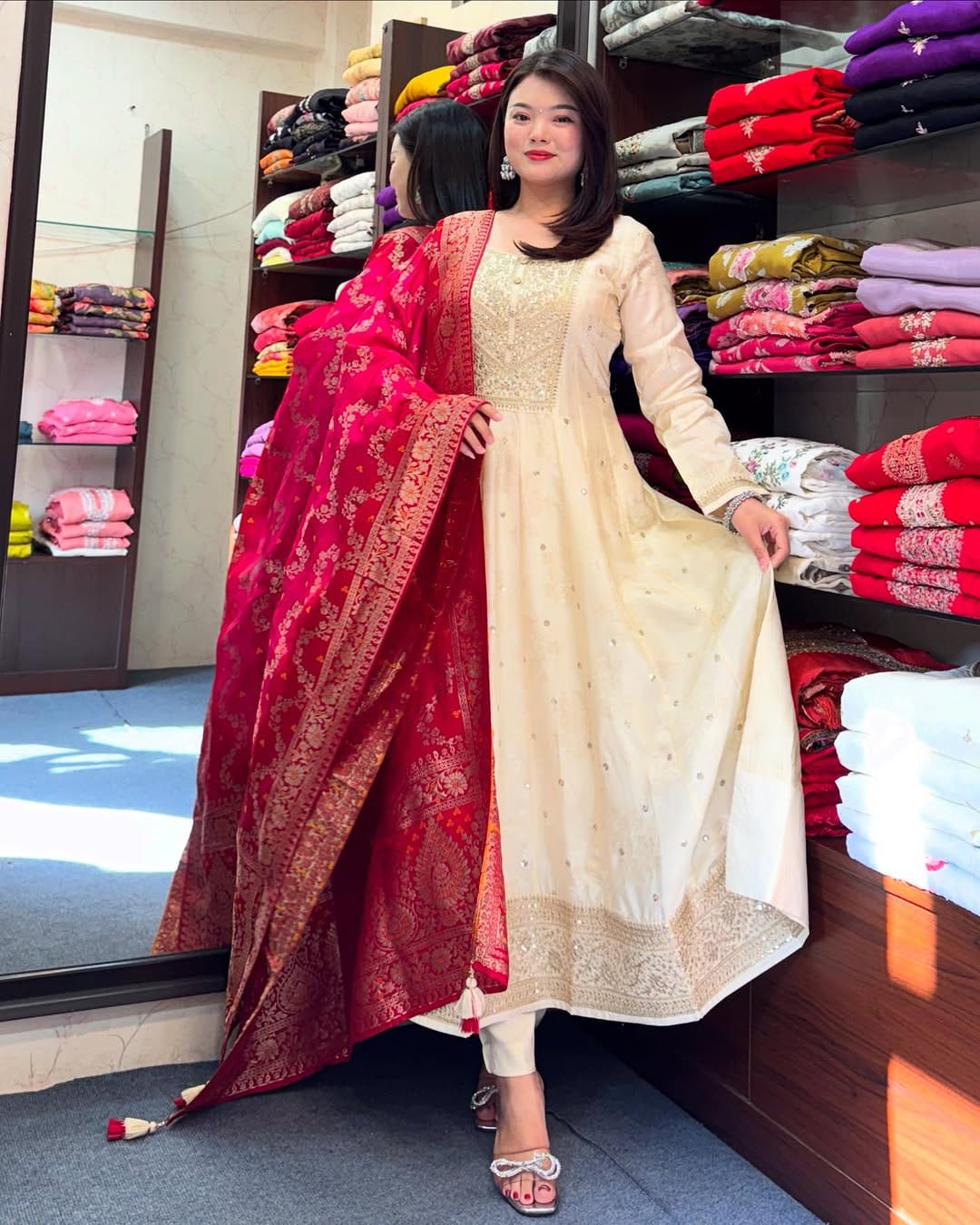 Product Image - Exquisite Anarkali Flared Silk Kurti Pant Dupatta Set