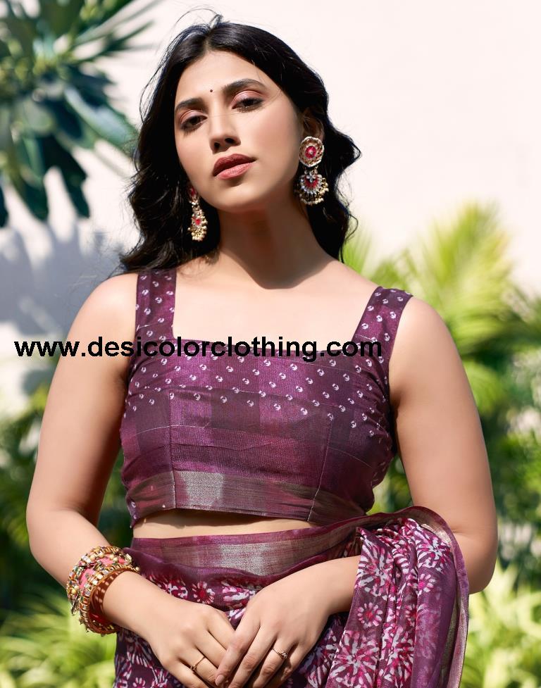 Deep Purple Printed Saree Cotton