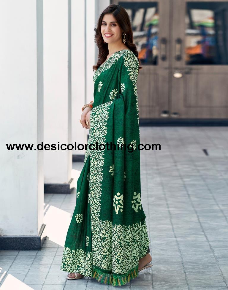 Bottle Green Silk Printed Saree