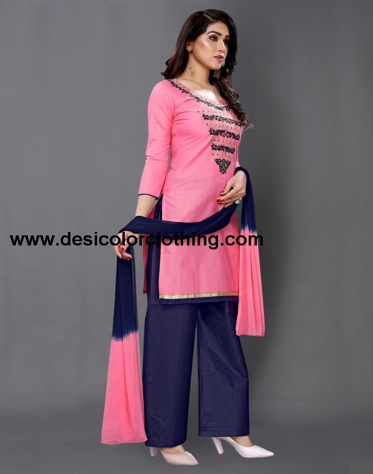 Pink Cotton Embroidered Unstitched Salwar Suit