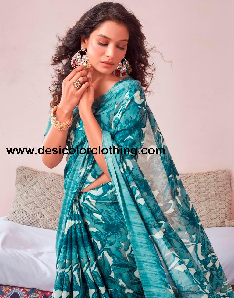 Dusty Teal Blue Georgette Printed Saree