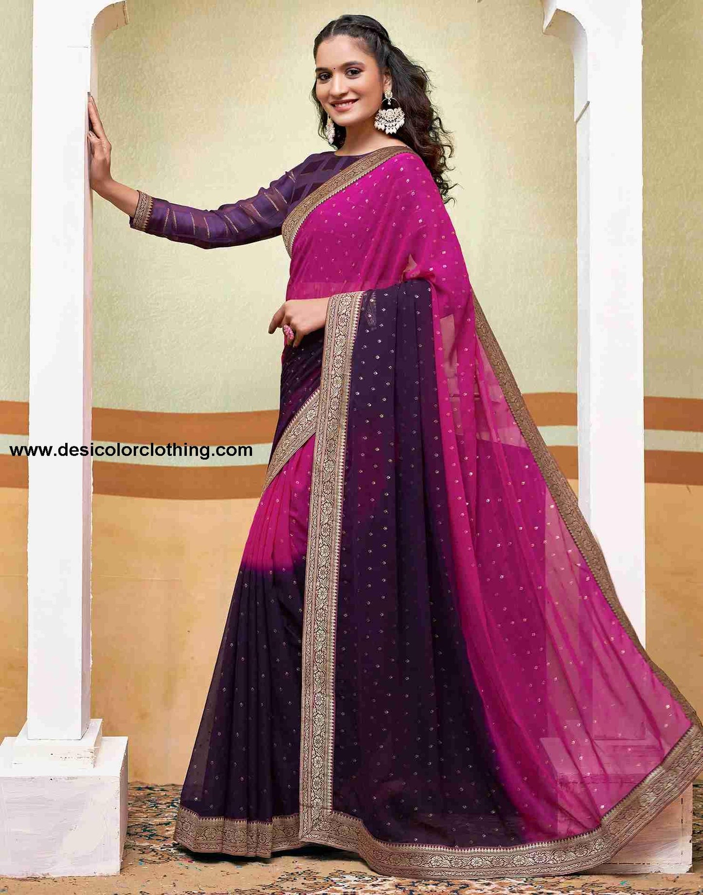 Pink Georgette Plain Saree