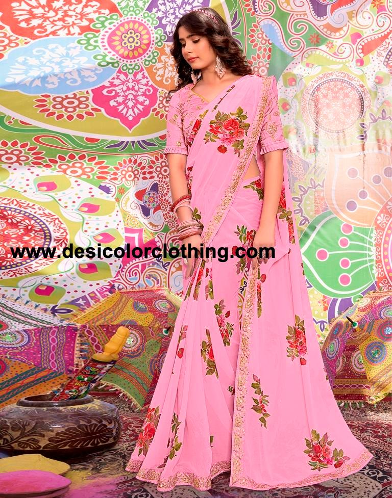 Pink Georgette Printed Saree