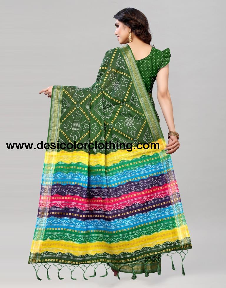 Green Coloured Cotton Bandhani Printed Saree