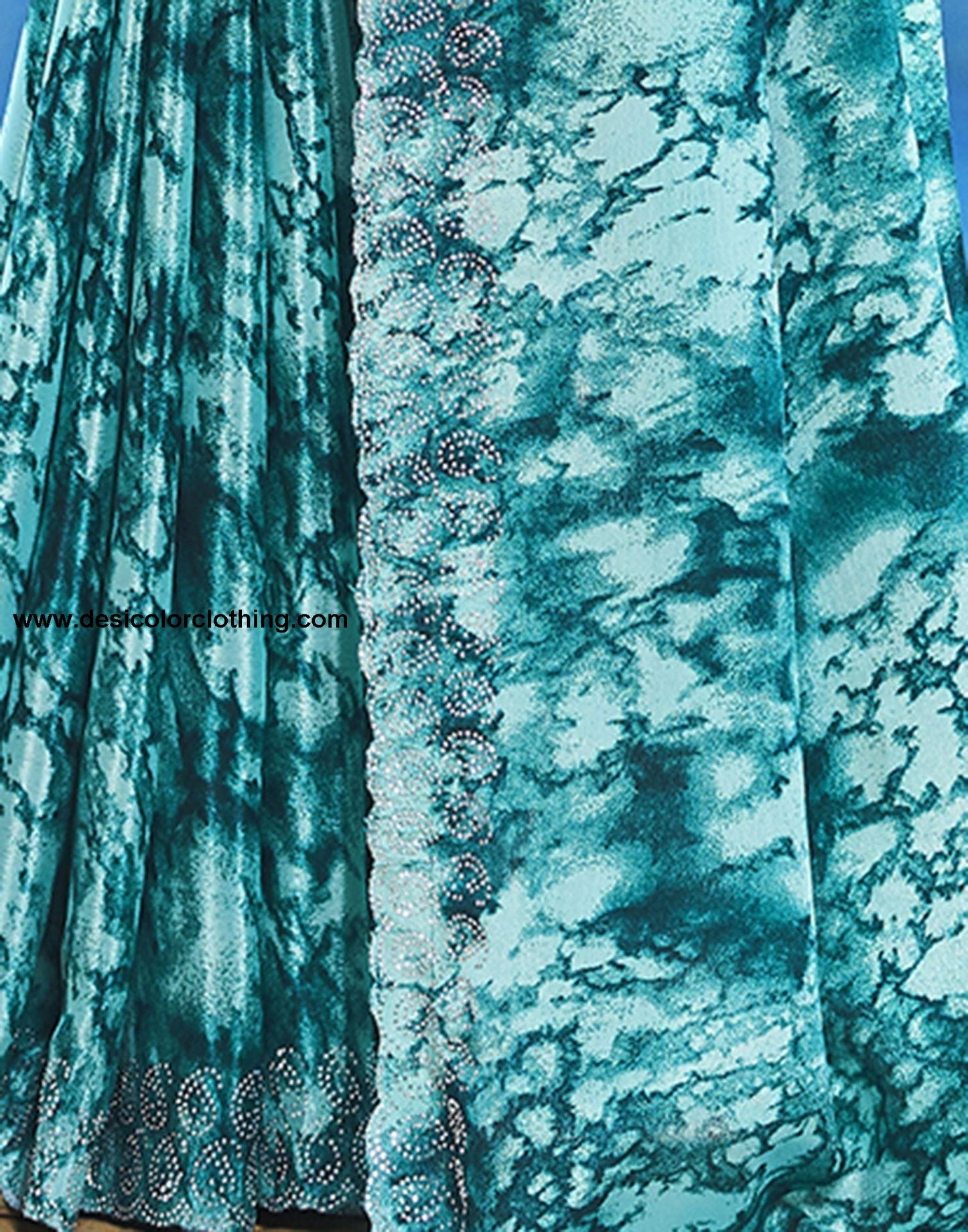 Turquoise Printed Silk Saree