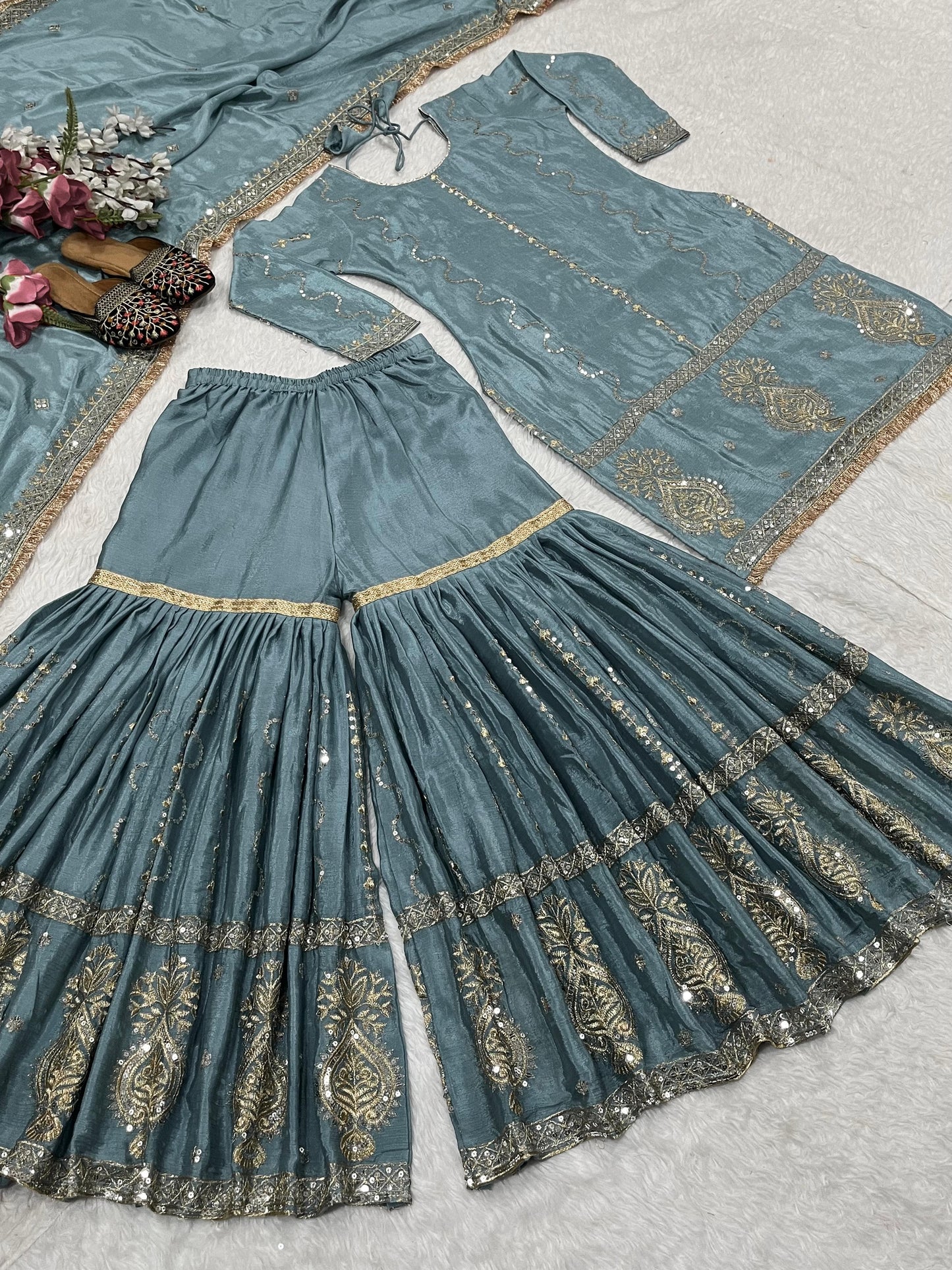 Product Image - Designer Chinon Silk Embroidered Saree Set