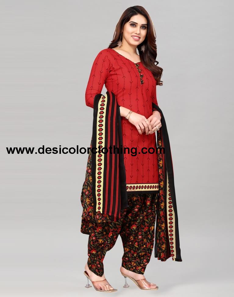Red Printed Cotton Unstitched Salwar Suit Material