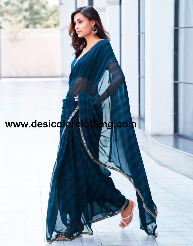 Rama Blue Georgette Printed Saree
