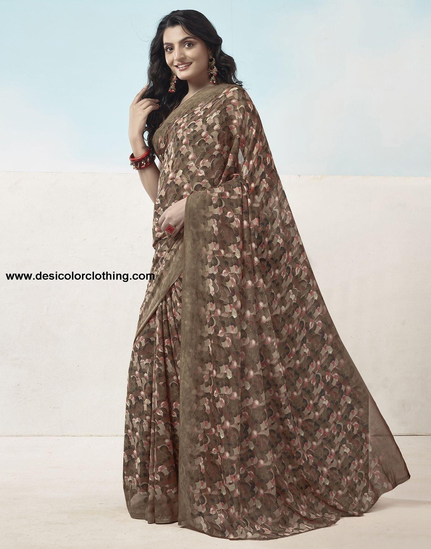 Brown Printed Georgette Saree