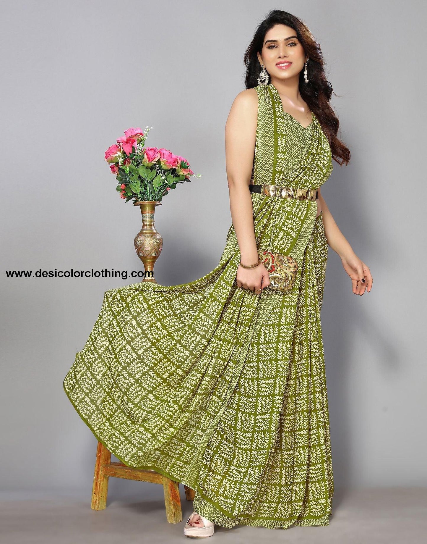 Parrot Green Printed Saree