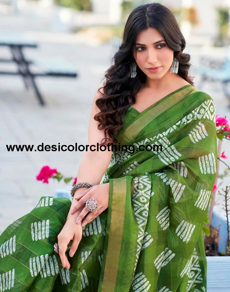 Olive Green Printed Cotton Saree