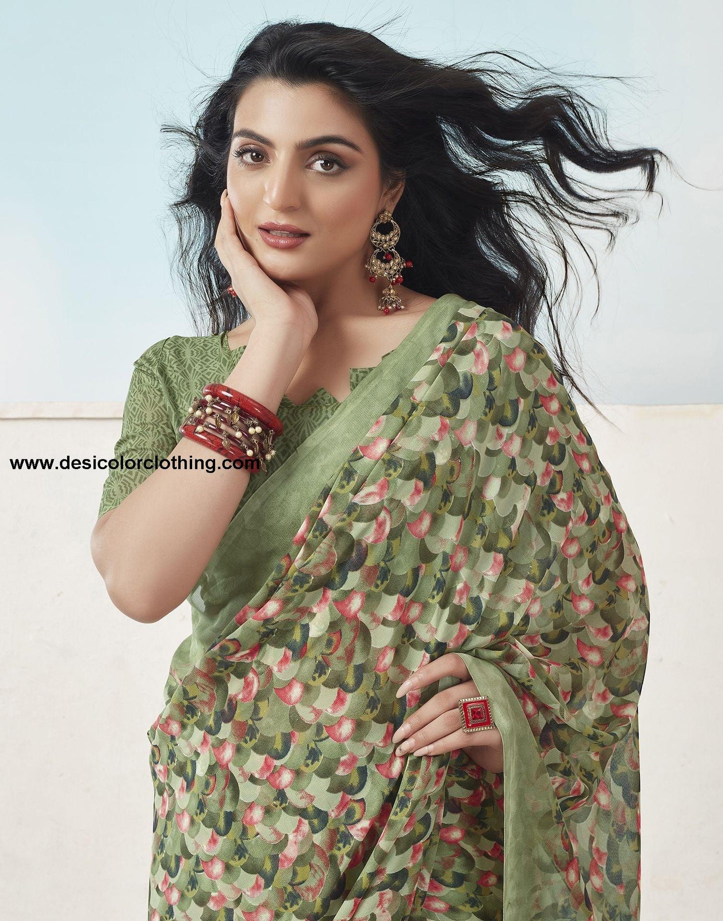 Olive Green Printed Georgette Saree