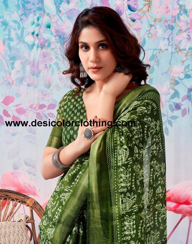 Olive Green Cotton Zari Saree