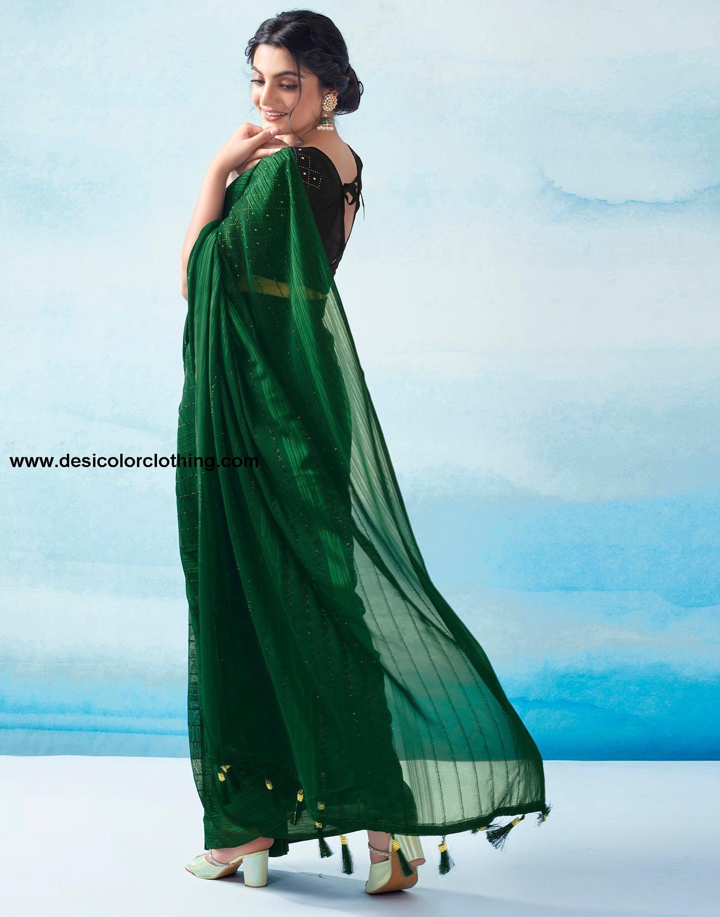 Dark Green Georgette Plain Saree