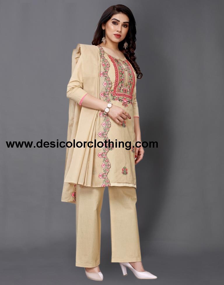 Warm Beige Cotton Embroidered Unstitched Salwar Suit