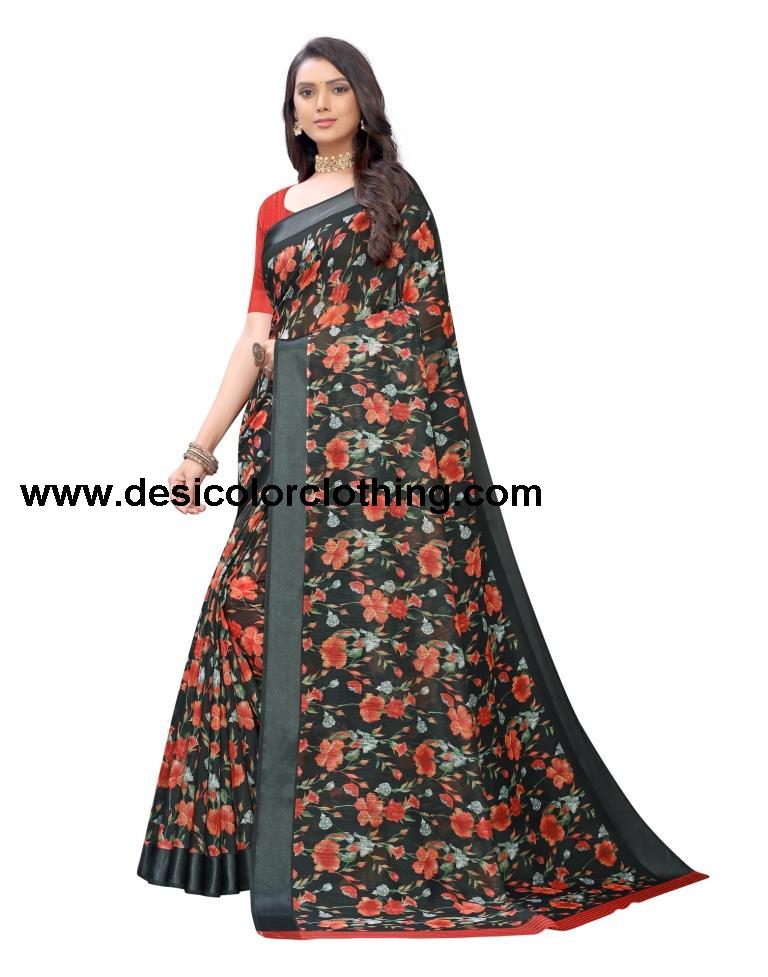 Black Printed Cotton Saree
