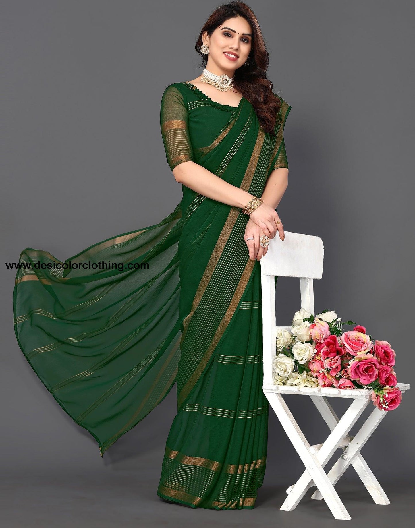 Green Chiffon Plain Saree