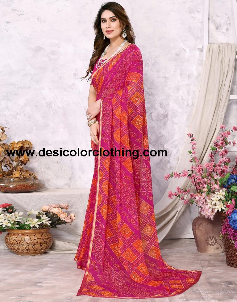Orange Chiffon Bandhani Printed Saree
