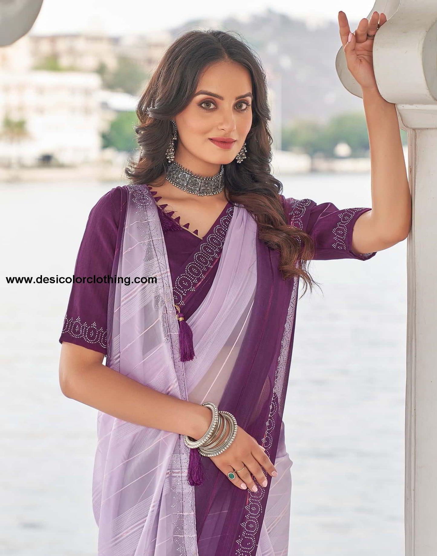 Purple Swarovski Georgette Stone Work Saree