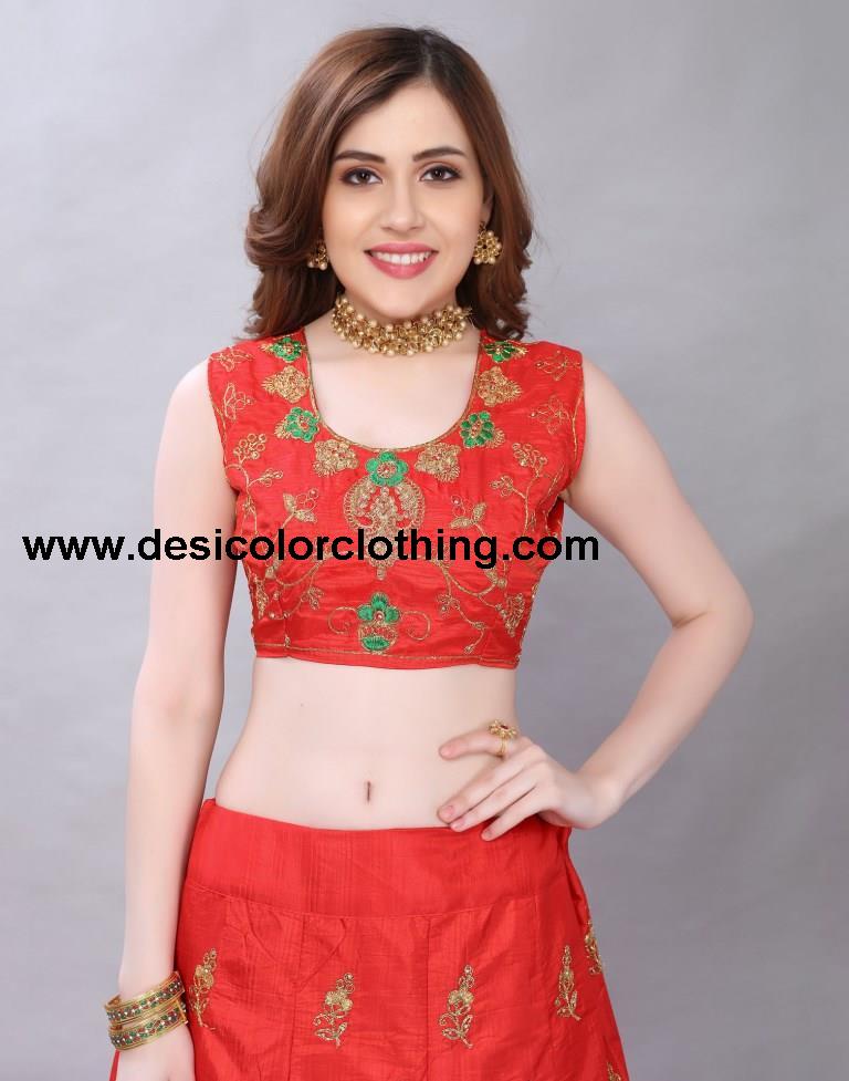Peppy Red Coloured Poly Silk Embroidered Casual Wear Lehenga | SLV119L10399