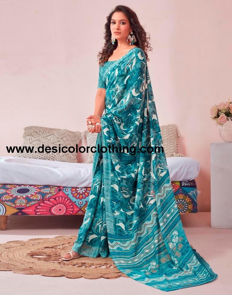 Dusty Teal Blue Georgette Printed Saree