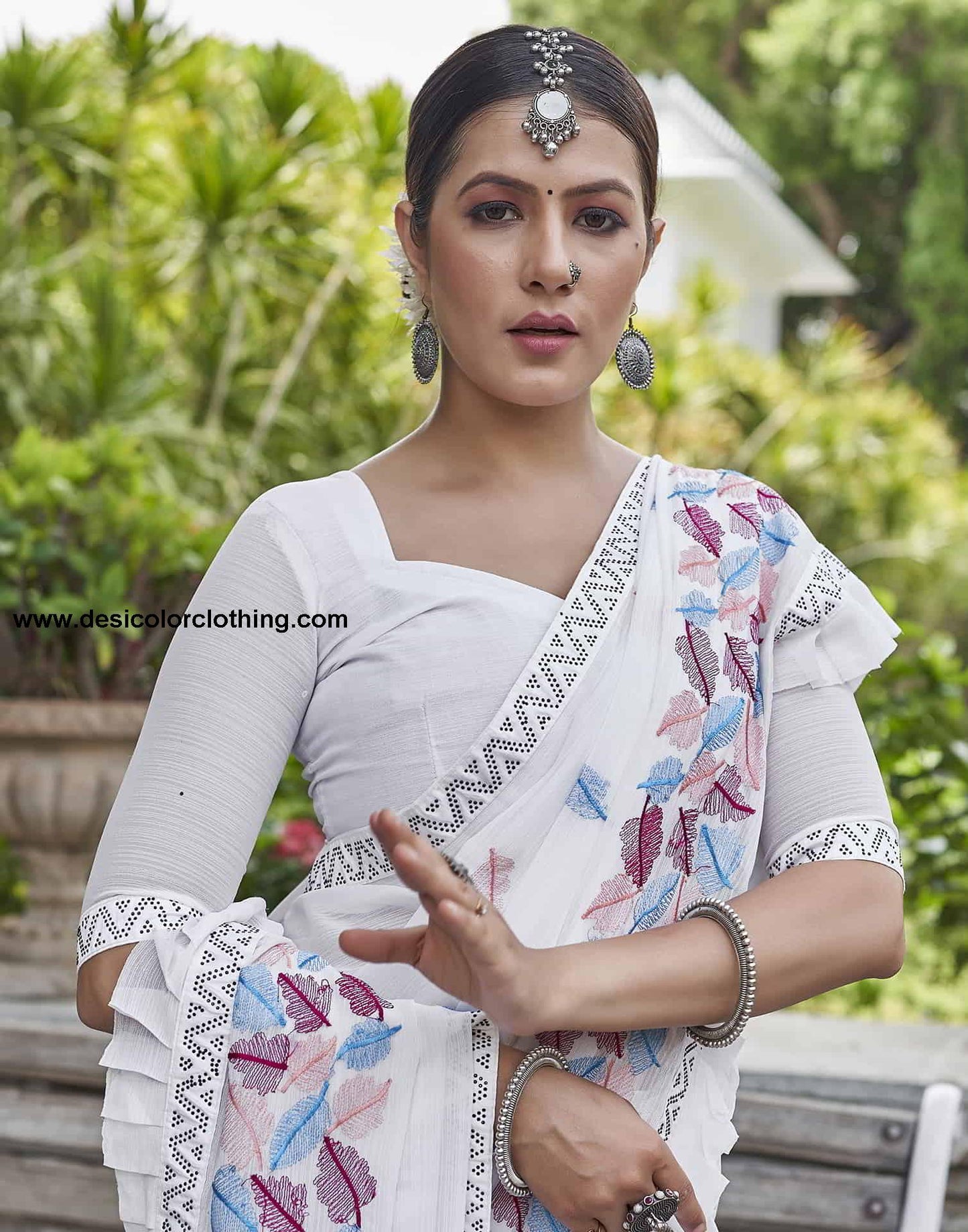 White Embroidery Georgette Stone Work Saree
