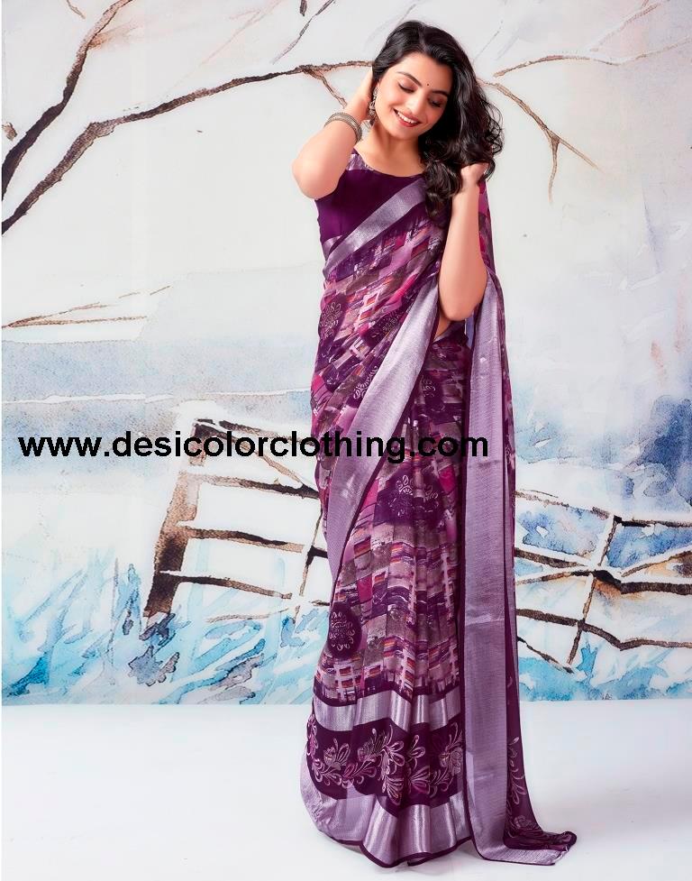 Dark Purple Chiffon Printed Saree