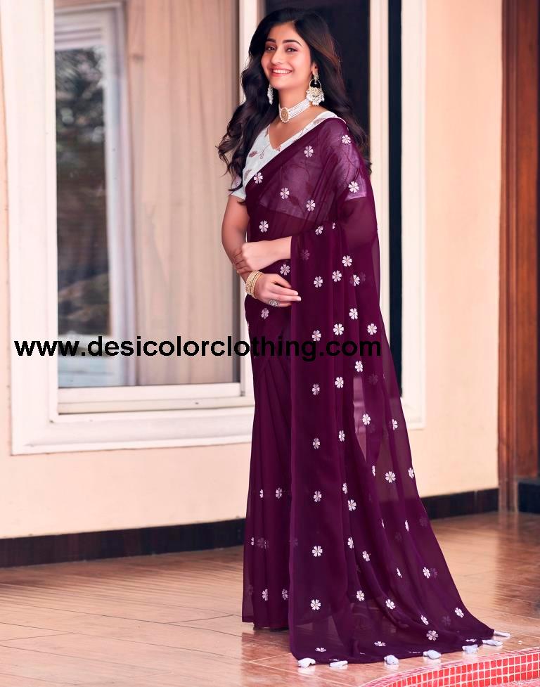 Deep Purple Georgette Embroidery Saree