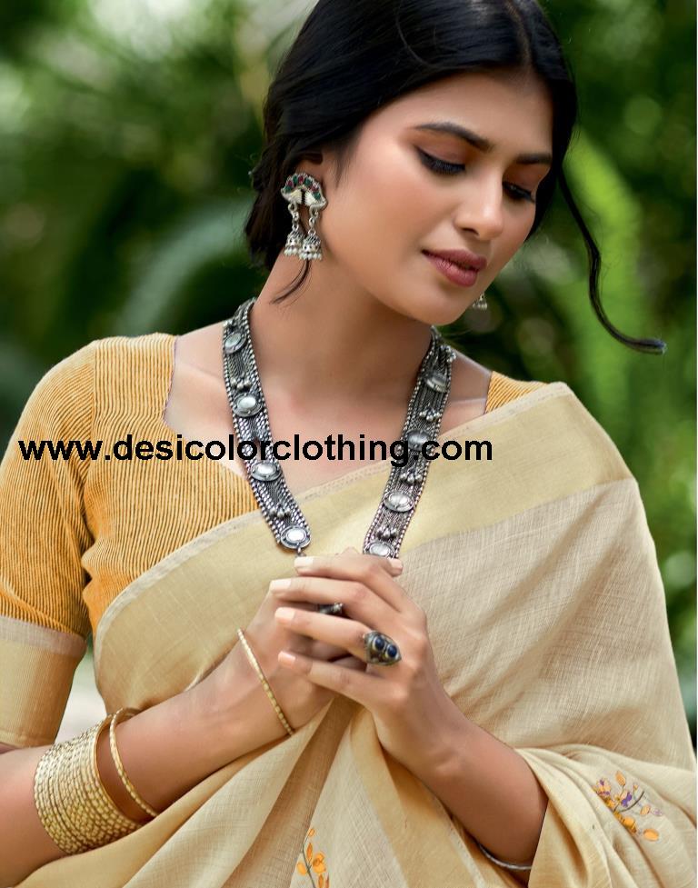 Cream Cotton Printed Saree