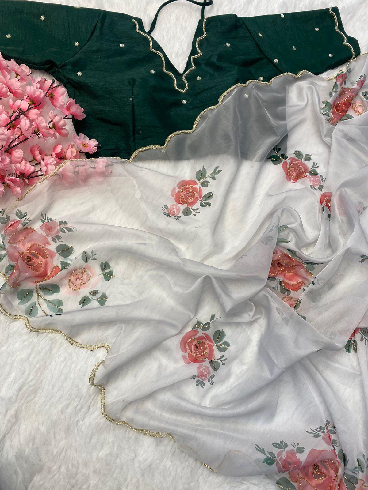 Product Image - Designer Satin Organza Saree with Handcrafted Floral Prints and Pearl Cutwork Border