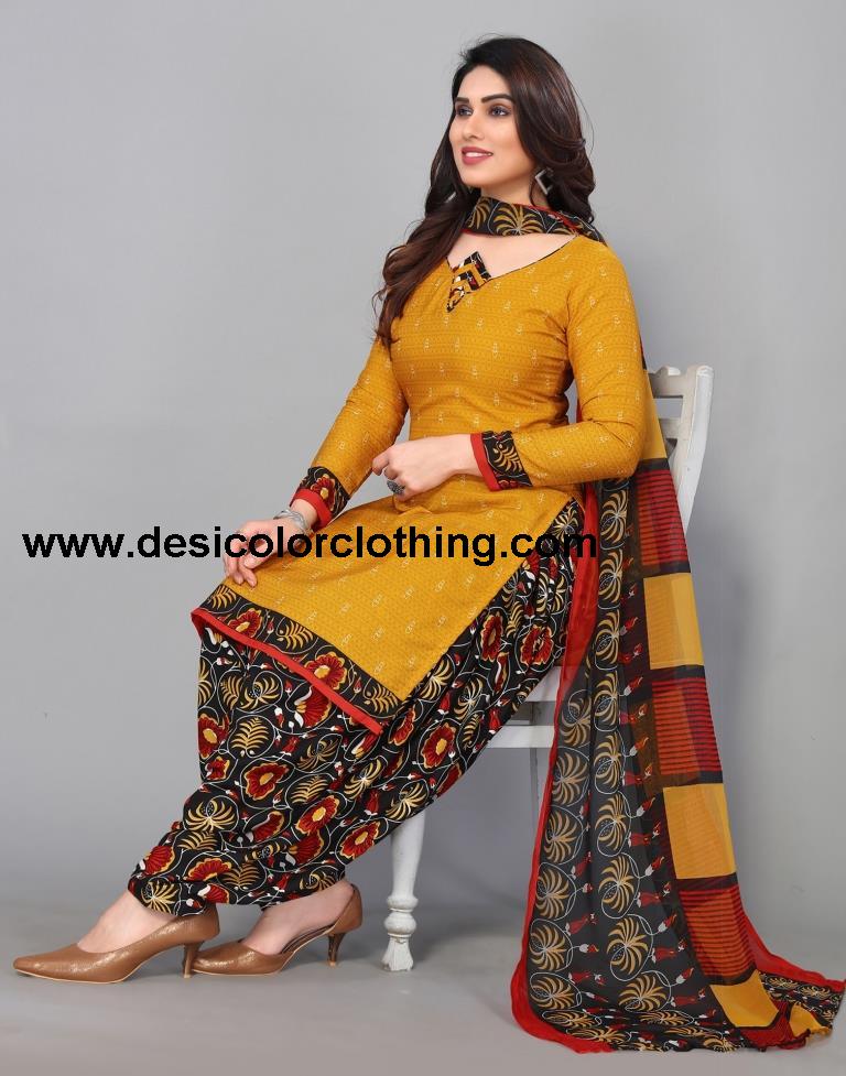 Yellow Printed Unstitched Salwar Suit Material
