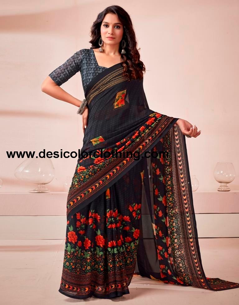 Black Georgette Printed Saree