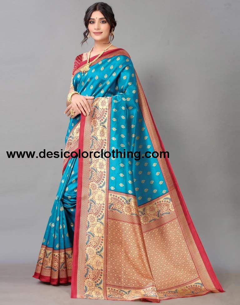 Peacock Blue And Beige Silk Saree