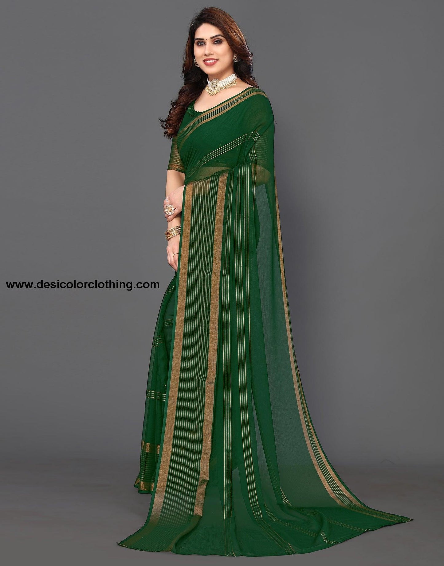Green Chiffon Plain Saree
