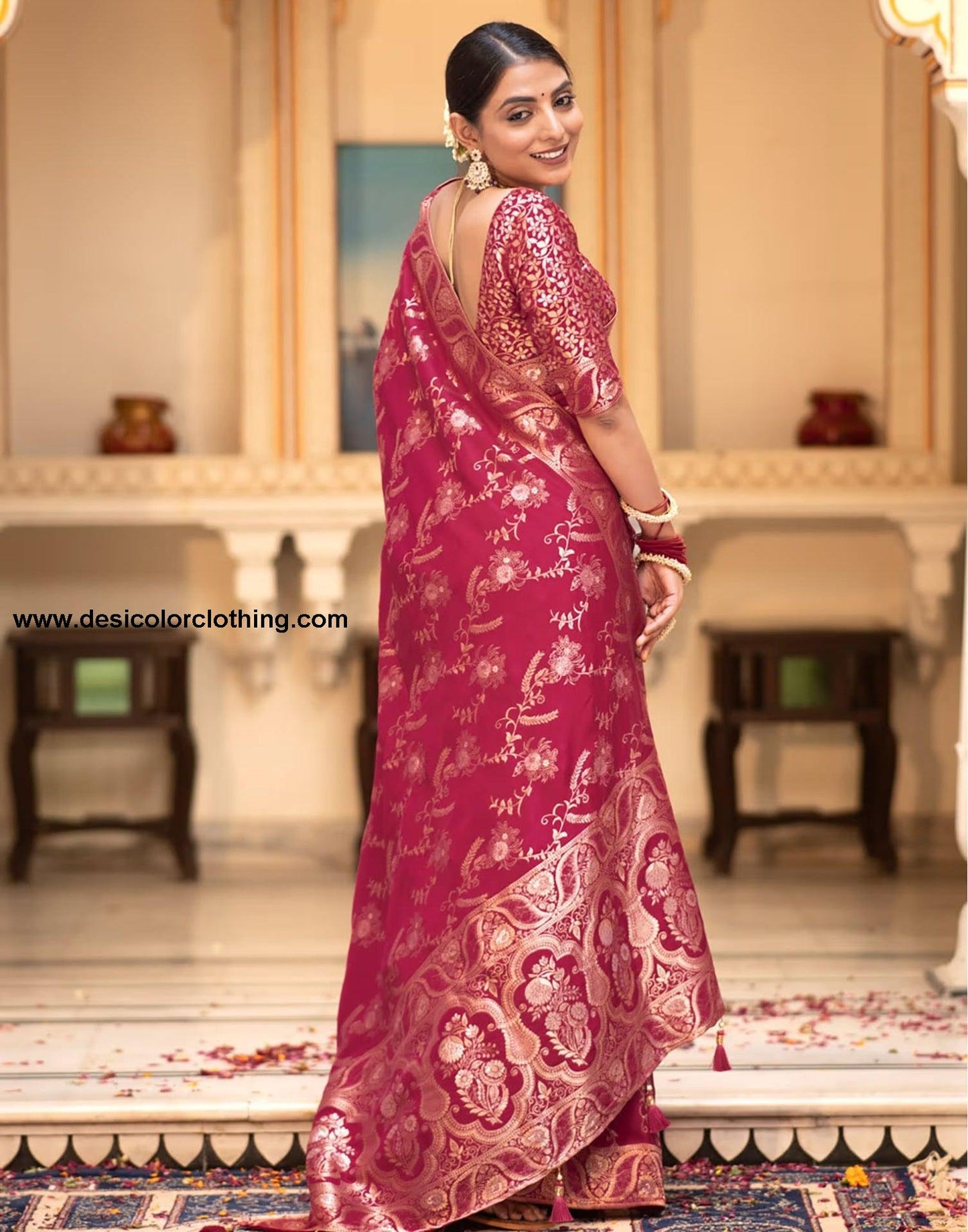 Dark Pink Silk Plain Saree