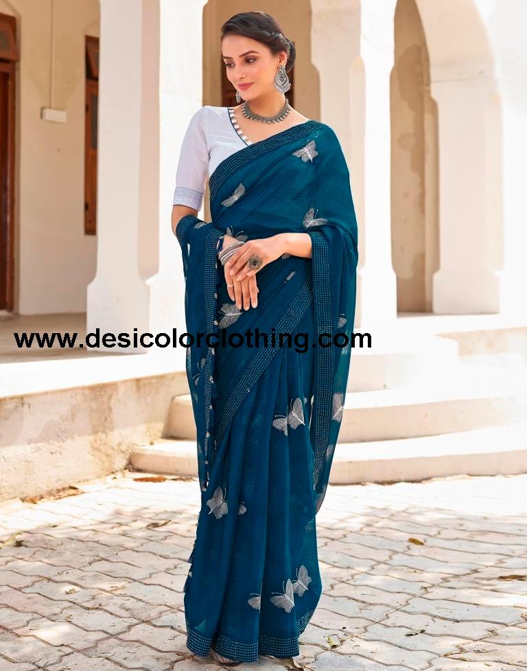 Sea Blue Chiffon Plain Ready To Wear