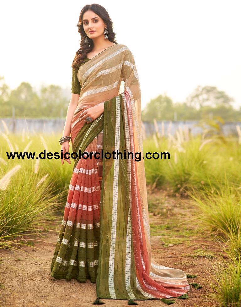 Olive Green Georgette Plain Saree